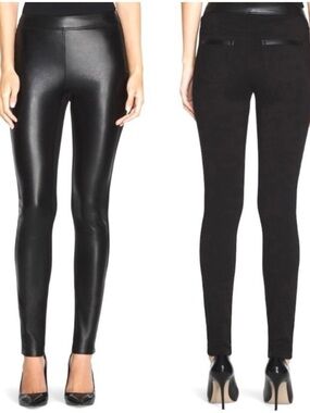 WHBM Faux Leather Front Leggings Women's Size 10 Mid Rise Stretch Knit Side Zip